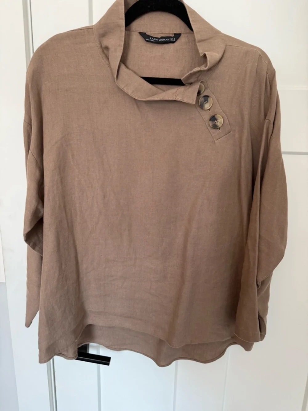 Zara 100% Linen Mock Neck Blouse in brown. Size M. EUC. - Picture 2 of 5